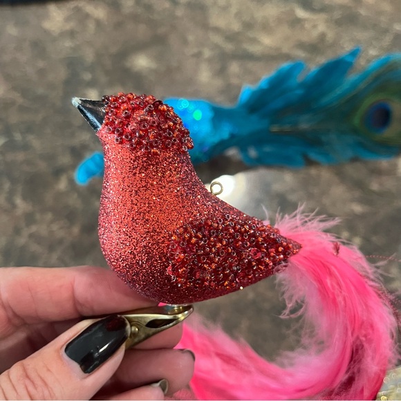 Vintage MCM feathered BIRDS ORNAMENTS Sequined, Feathered Clip On, 4 Estate - Picture 4 of 11